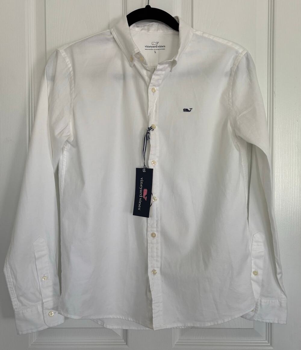 NWT Vineyard Vines Boys White Button Down Shirt Large (16) Seawall Oxford